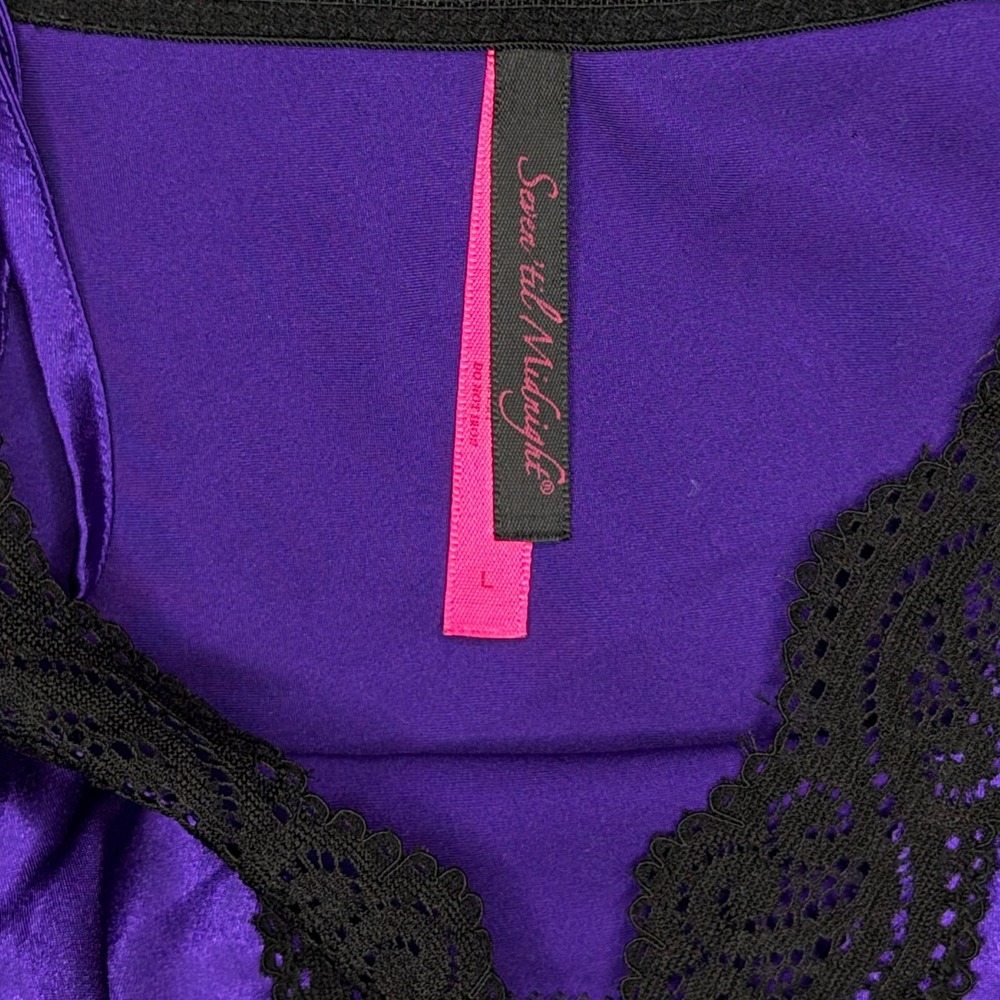 Seven 'til Midnight Royal Purple Satin Black Lace Bow Babydoll L - Picture 4 of 6